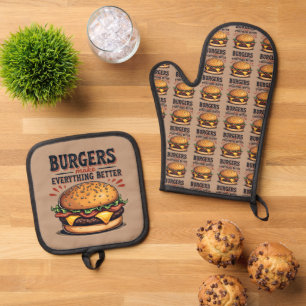 Retro Burger Liebhaber Vintage-Typografie Food Art Ofenhandschuh & Topflappen-Set