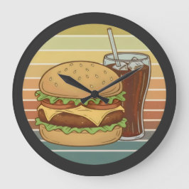 Retro-Burger und Cola. Große Wanduhr