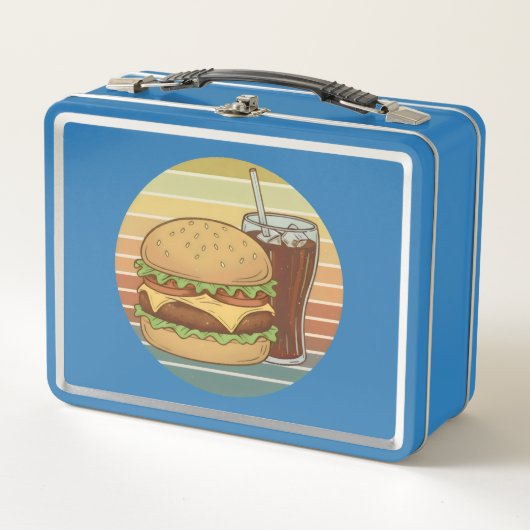 Retro-Burger und Cola. Metall Brotdose (Vorderseite)