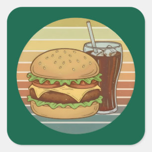 Retro-Burger und Cola. Quadratischer Aufkleber