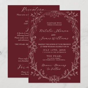 Retro Burgund Floral Old Money All-in-One-Hochzeit Einladung