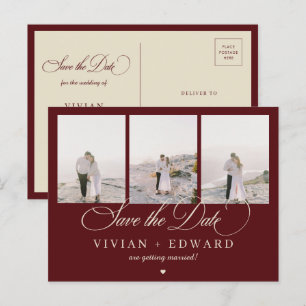 Retro Burgund Ivory 3 Foto-Collage Save-the-Date Postkarte
