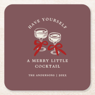 Retro Burgund Merry Little Cocktail Weihnachten Rechteckiger Pappuntersetzer