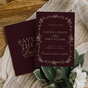Retro Burgund Tamarinde Floral Old Money Hochzeit Save The Date
