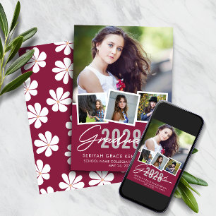 Retro Burgunder Gänseblümchen Abschlussfoto-Collag Ankündigung