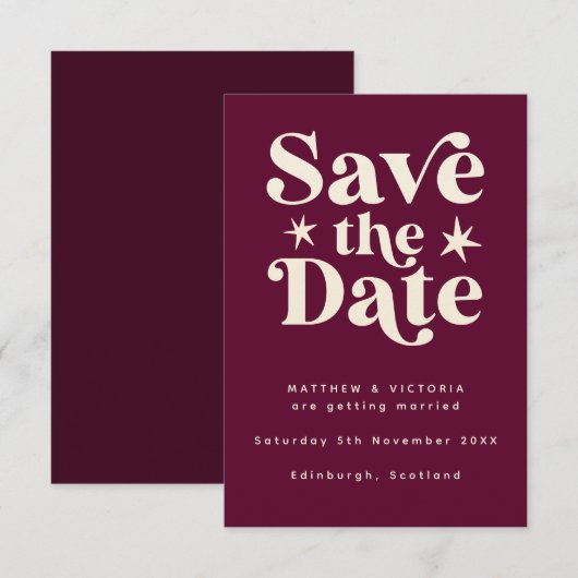 Retro Burgundy Boho Einfache Save the Date-Karte Date (Vorne/Hinten)