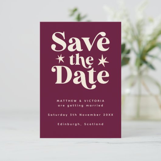Retro Burgundy Boho Einfache Save the Date-Karte Save The Date (Stehend Vorderseite)