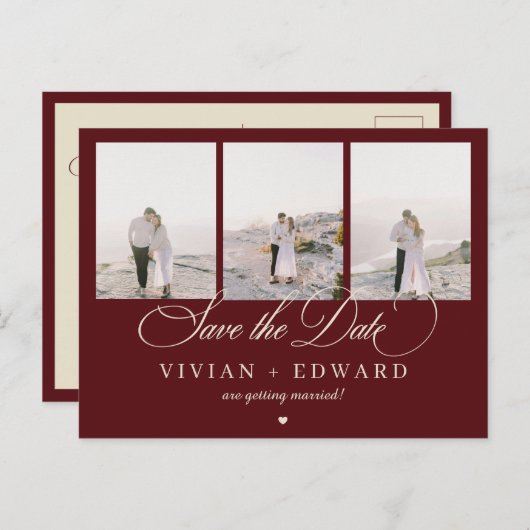 Retro Burgundy Ivory 3 Photo Collage Save The Date Postkarte (Vorne/Hinten)