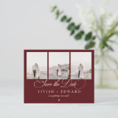 Retro Burgundy Ivory 3 Photo Collage Save The Date Postkarte (Stehend Vorderseite)