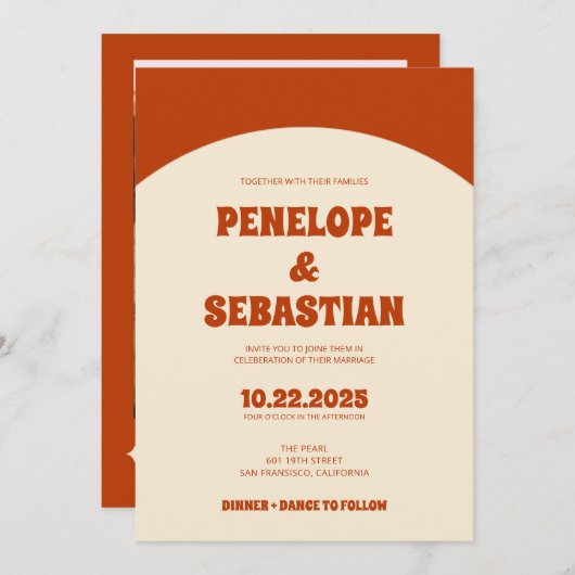  Retro Burnt Orange Terracotta Groovy Bold Wedding Einladung (Vorne/Hinten)