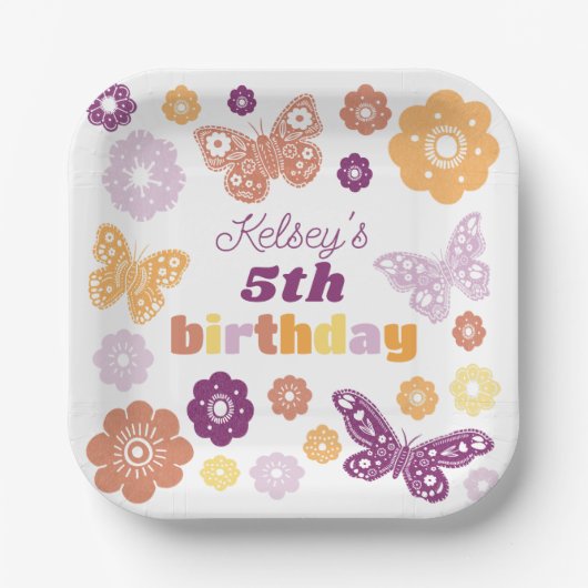Retro Butterfly Geburtstagsparty Pappteller (Vorderseite)