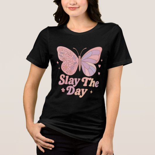 Retro Butterfly “Slay The Day” Art Tri-Blend Shirt (Vorderseite)
