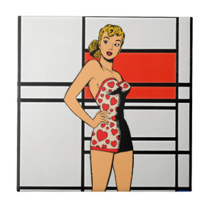 Retro Button-Up Girl Meets Mondrian - Einzigartige Fliese