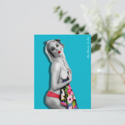 Retro Button Up Girl Postkarte Aquamarin blau (Stehend Vorderseite)