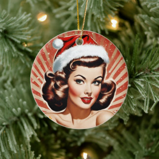 Retro Button Up Girl Weihnachten Keramik Ornament