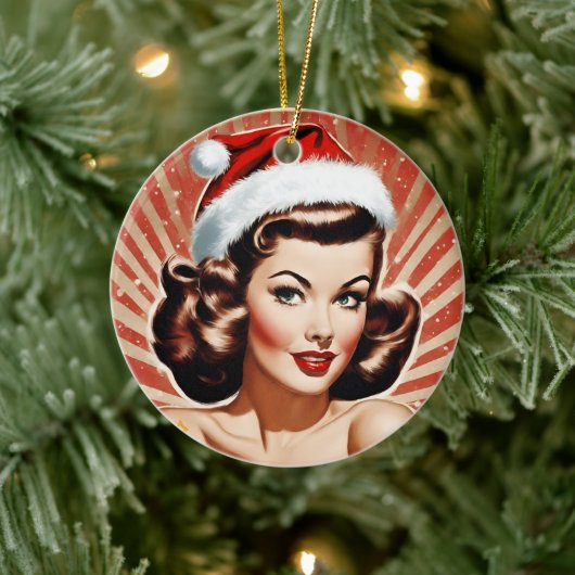 Retro Button Up Girl Weihnachten Keramik Ornament (Baum)