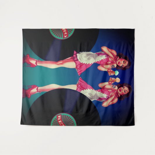 Retro Button Up Kellnerin & Vinyl Platten Wandteppich (Vorderseite (Horizontal))