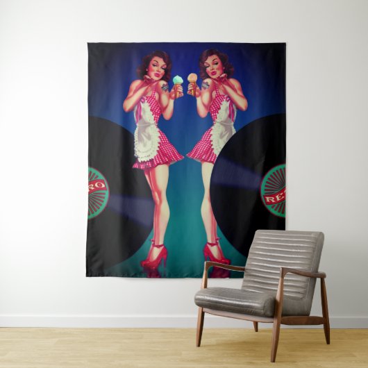 Retro Button Up Kellnerin & Vinyl Platten Wandteppich (Beispiel)