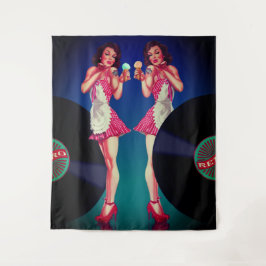 Retro Button Up Kellnerin & Vinyl Platten Wandteppich