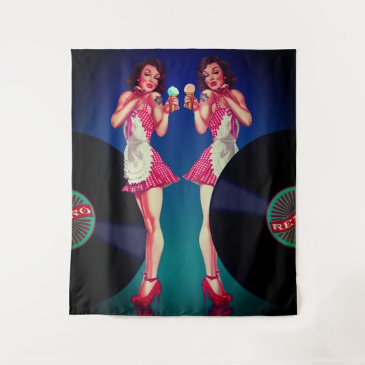 Retro Button Up Kellnerin & Vinyl Platten Wandteppich (Vorderseite)