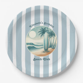 Retro Cabana Stripes Beach Club Surfboard Geburtst Pappteller