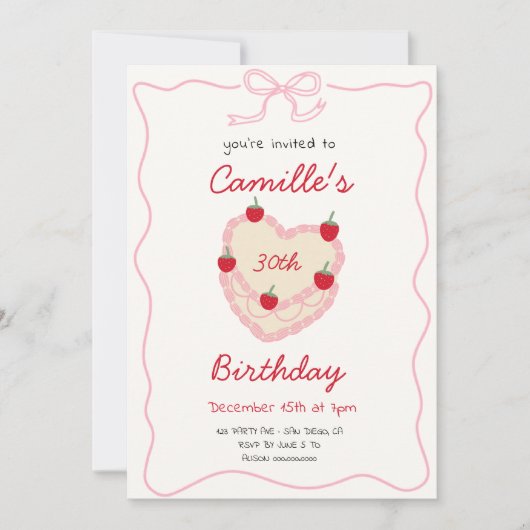 Retro Cake & Erdbeere Geburtstag Einladung (Vorderseite)