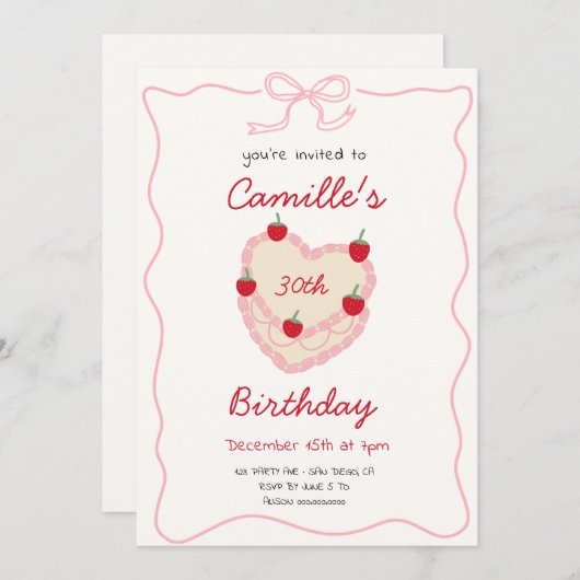 Retro Cake & Erdbeere Geburtstag Einladung (Vorne/Hinten)