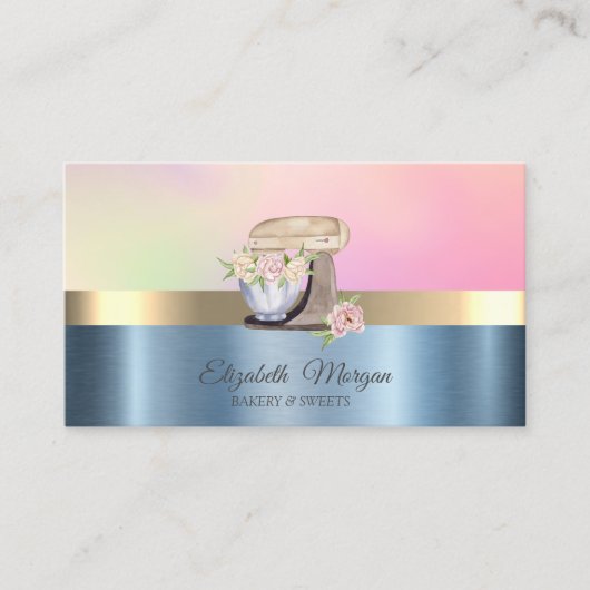 Retro Cake Mixer Blume Blue Metallic Visitenkarte (Vorderseite)