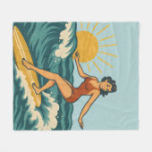 Retro California Pin-Up Surfer Blue Coastal Print Fleecedecke (Vorderseite (Horizontal))