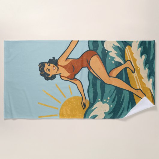 Retro California Pin-Up Surfer Blue Coastal Print Strandtuch (Vorderseite)