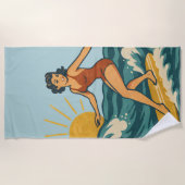 Retro California Pin-Up Surfer | Blue Surf Graphic Strandtuch (Vorderseite)