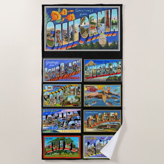 Retro California Postcard Cities Beach Handtücher (Vorderseite)