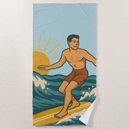 Retro California Surfer Blue Coastal Surfing Print Strandtuch (Vorderseite)