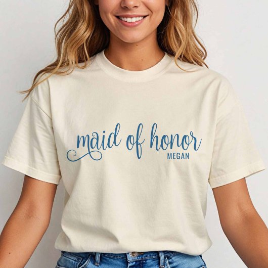 Retro Calligraphy Blue Script Maid of Honor T-Shirt