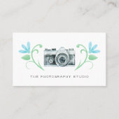 Retro Camera Blue Flowers Fotografie Visitenkarte (Vorderseite)