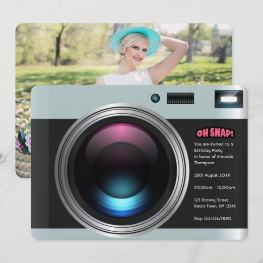 Retro Camera Selfie Geburtstagsparty Foto Einladung (Vorne/Hinten)