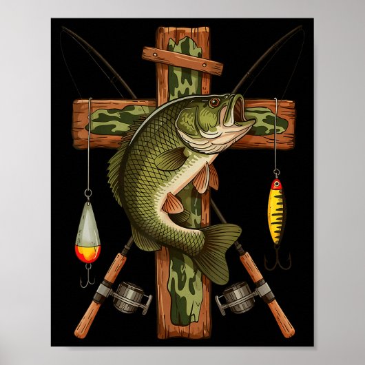 Retro Camo Cross Fishing Rod Hook B Christian Fish Poster (Vorne)