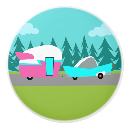 Retro Camper / Anhänger und Keramik Pull Keramikknauf (Vorderseite)