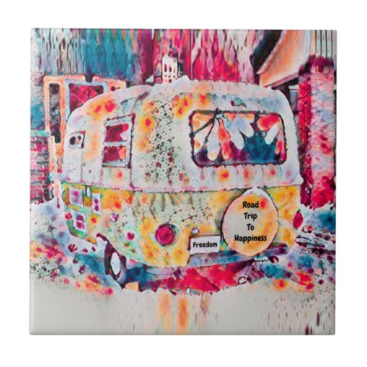 Retro Camper Hippie Freedom Road Trip zum Glück Fliese (Vorderseite)