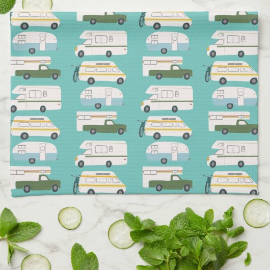 Retro Camper Motorhome RV Vanlife Aquamarin Geschirrtuch (Gefaltet)