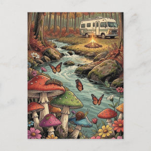 Retro-Camper, Pilze, Bach und Blumen Postkarte