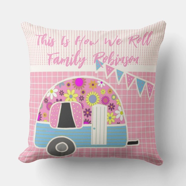 Retro Camper Pink Blue Personalisiert Kissen (Vorderseite)