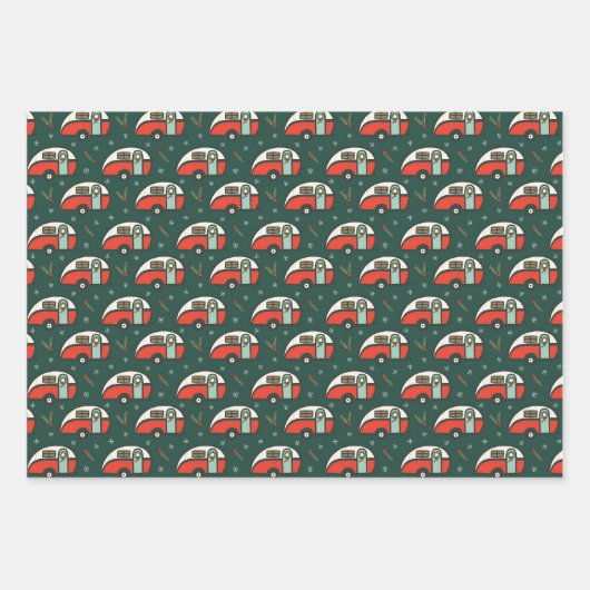 Retro Camper Rustikales Weihnachtsfest Camping Grü Geschenkpapier Set (Vorderseite)