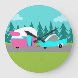 Retro Camper / Trailer and Car Wall Clock Große Wanduhr