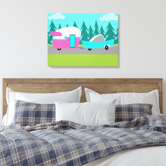 Retro Camper / Trailer gepflasterte Leinwand Print (Insitu (Schlafzimmer))