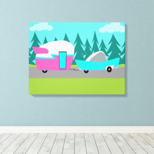 Retro Camper / Trailer gepflasterte Leinwand Print (Insitu (Holzboden))