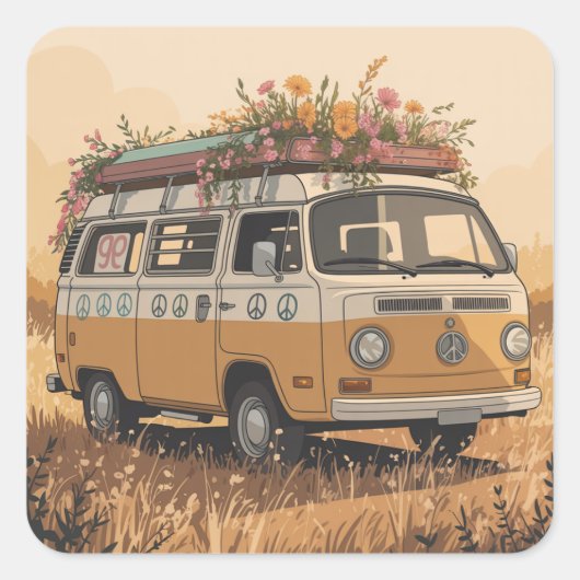 Retro-Camper-Van-Aufkleber – Quadratischer Aufkleber (Vorderseite)