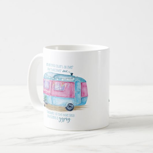 Retro Camper-Wohnwagen-Blau | rosa u. weißes Kaffeetasse (Vorderseite Links)