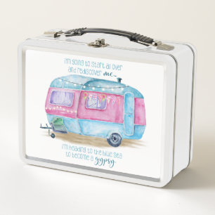 Retro Camper-Wohnwagen-Blau   rosa u. weißes Metall Brotdose