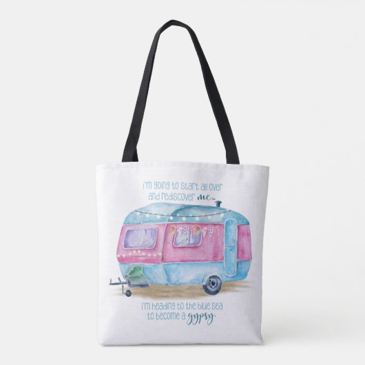 Retro Camper-Wohnwagen-Blau | rosa u. weißes Tasche (Rückseite)